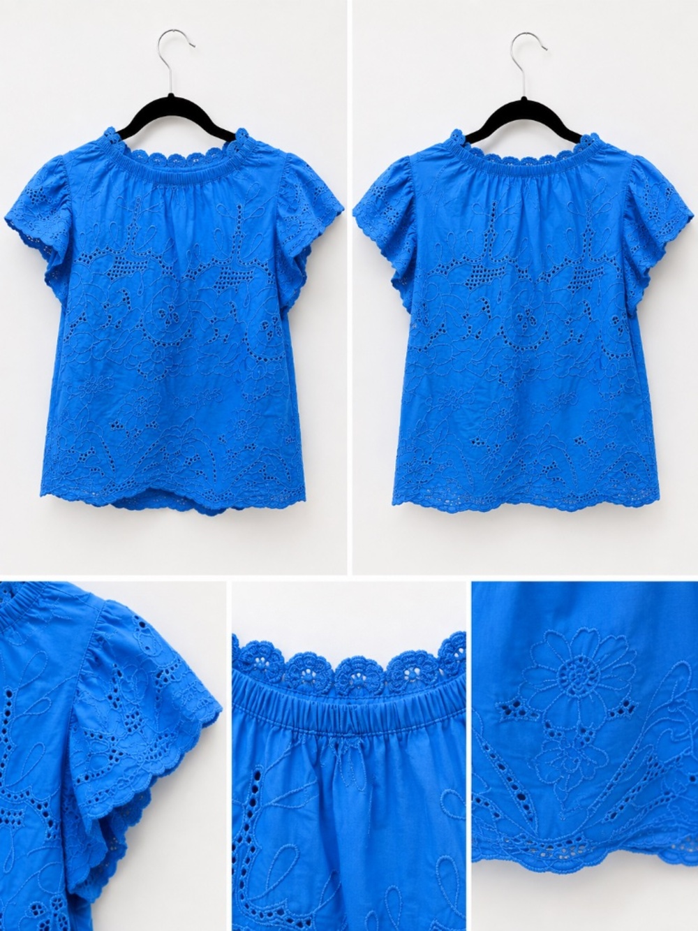 Boutique Blue eyelet cap sleeve blouse sz large. NWT